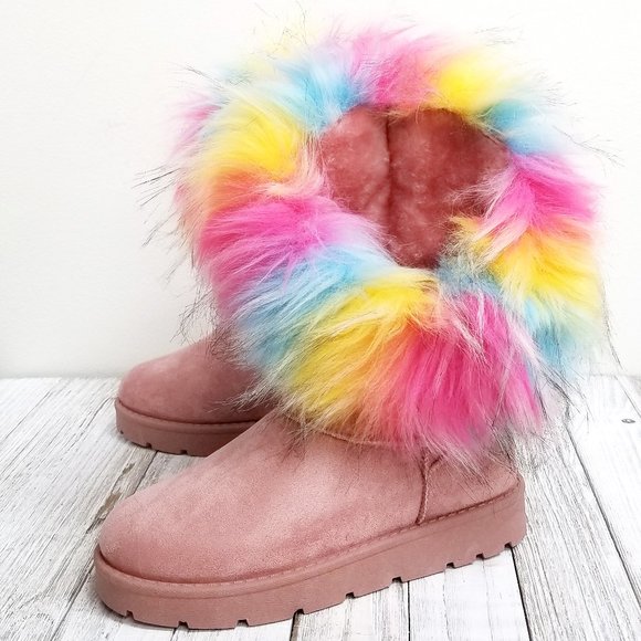 New Rainbow Furry Faux Fur Mid-Calf Snow Boots - Picture 1 of 5